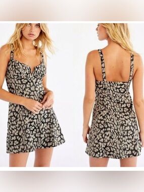 New Free People Women Split Neck Chrissy Printed Mini Dress Charcoal Size 8